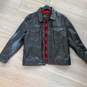 Men's Black Leather Jacket with Red Plaid Interior